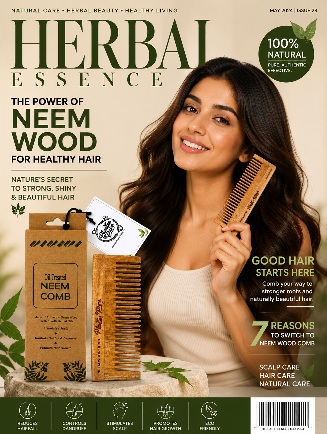PLANTAE PURE Neem Wooden Comb | Natural Wooden Hair Comb for Men & Women | Anti-Static Scalp Massage Comb | Gentle Detangling & Hair Care