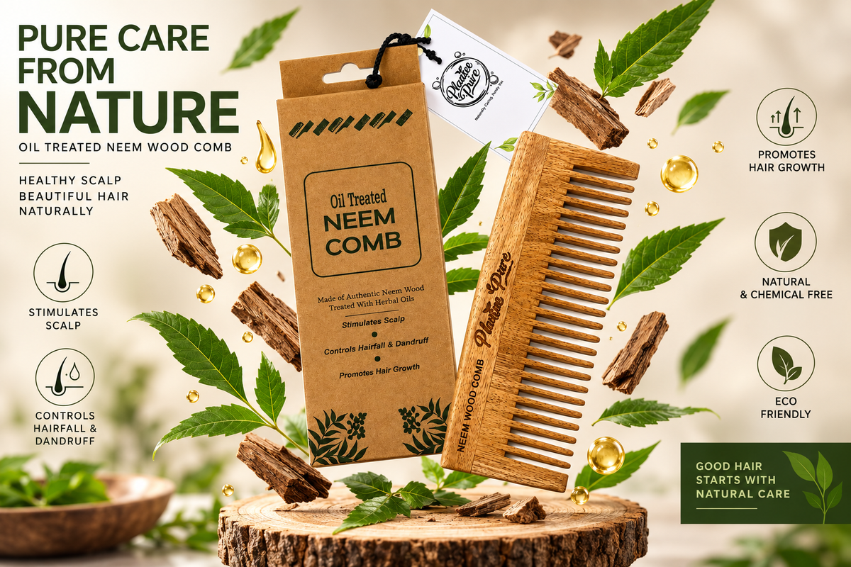 PLANTAE PURE Neem Wooden Comb | Natural Wooden Hair Comb for Men & Women | Anti-Static Scalp Massage Comb | Gentle Detangling & Hair Care