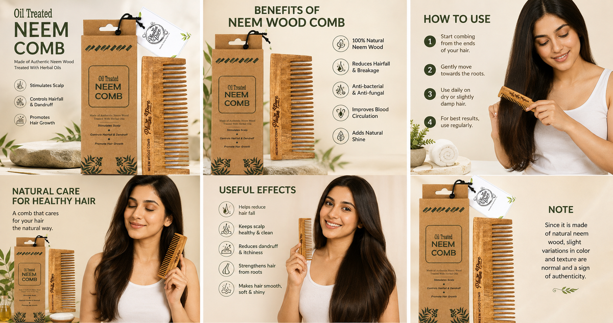 PLANTAE PURE Neem Wooden Comb | Natural Wooden Hair Comb for Men & Women | Anti-Static Scalp Massage Comb | Gentle Detangling & Hair Care